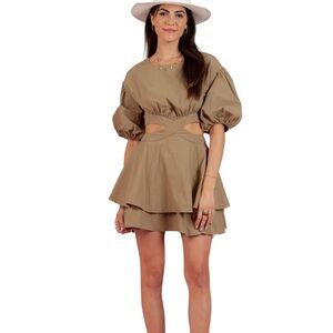 WHITNEY PUFF SLEEVE CUTOUT DRESS-KHAKI WOMEN’S SIZE SMALL